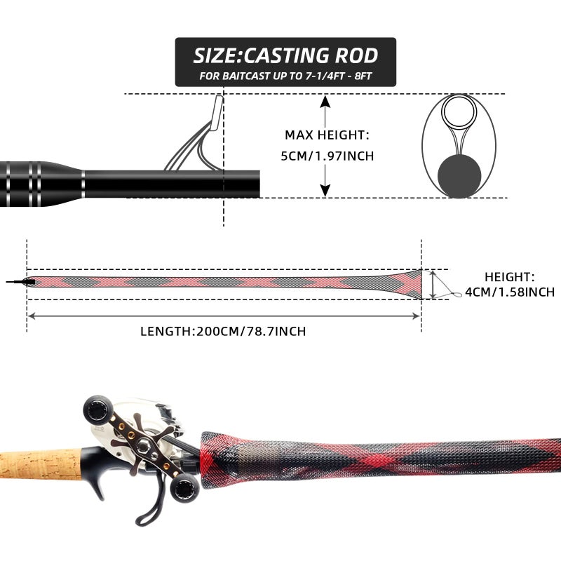 SF XXL Fishing Casting Rod Socks Braided Mesh Rod Sleeve Cover Protector Pole Gloves Black-Red-2PCS Fit Baitcast as Musky Rod or Fly Rod - Image 2